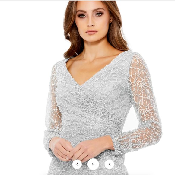 MAC DUGGAL V-NECK EMBROIDERED SURPLICE PLATINUM MIDI DRESS sz 6 - Picture 4 of 6